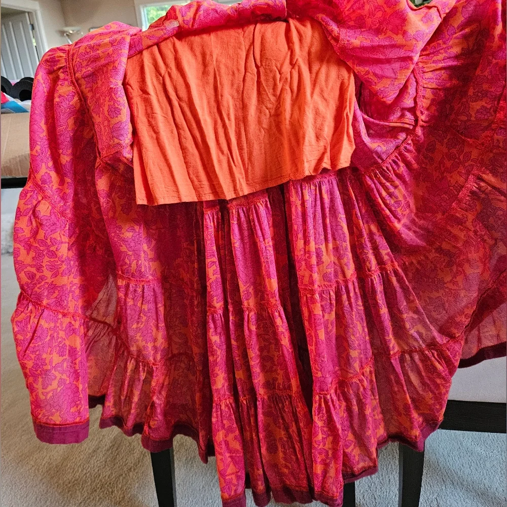 Free People Kikas Printed Midi Dress Cotton Ruffle Tiers Floral Sm Tangerine EUC - Picture 10 of 15